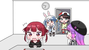 4girls :d ^^^ anchor animal_ear_fluff animal_ears asymmetrical_legwear baseball_cap beret black_hat black_jacket black_leotard blue_hair blush_stickers bow braid breasts brown_hair brown_pantyhose carrot_hair_ornament chibi cleavage clock dress fake_horns food-themed_hair_ornament fur-trimmed_dress fur_trim gradient_hair green_eyes grey_jacket hair_bow hair_ornament hairclip hat highres hololive hood hood_down hooded_jacket horned_headwear horns houshou_marine houshou_marine_(summer) indoors jacket leotard long_hair medium_breasts mismatched_legwear mochimiko multicolored_hair multiple_girls no_heterochromia off_shoulder oozora_subaru oozora_subaru_(1st_costume) open_clothes open_door open_jacket open_mouth pantyhose pink_hair purple_hair rabbit_ears red_eyes red_hair red_socks shirt shoes short_sleeves sideways_hat smile socks standing strapless strapless_dress strapless_leotard striped_clothes striped_shirt suspenders sweat table tokoyami_towa tokoyami_towa_(jirai_kei) twin_braids twintails two-tone_hair usada_pekora usada_pekora_(1st_costume) vertical-striped_clothes vertical-striped_shirt very_long_hair virtual_youtuber wall_clock wavy_mouth white_bow white_dress white_hair white_shirt white_shoes white_socks x_hair_ornament