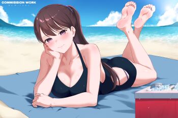 1girl bang_dream! bang_dream!_it's_mygo!!!!! barefoot beach black_one-piece_swimsuit blush breasts brown_hair cleavage closed_mouth collarbone commentary commission english_commentary feet head_rest highres large_breasts long_hair lying miyamu mole mole_under_eye ocean on_stomach one-piece_swimsuit ponytail purple_eyes shiina_taki soles solo swimsuit the_pose toes vgen_commission