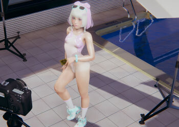 1girl 3d breasts camera double_bun eyewear_on_head female_focus hair_bun hdregrets highleg highleg_one-piece_swimsuit leotard money multicolored_hair one-piece_swimsuit original pink_hair pool pool_ladder prostitution scrunchie shoes small_breasts sneakers socks solo sunglasses swimsuit white_hair wrist_scrunchie