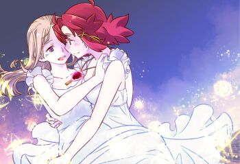 Rule 34 | 2girls, blush, brown hair, carrying, closed mouth, commentary request, dress, eye contact, hand on another's waist, izetta, jewelry, long hair, looking at another, magic, medium hair, multiple girls, necklace, open mouth, ortfine fredericka von eylstadt, outdoors, princess carry, purple eyes, red eyes, red hair, shuumatsu no izetta, smile, takemaru80, white dress, yuri