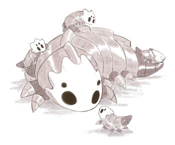 ange_(angeban93) baby_animal beastling_(hollow_knight) bell_beast_(hollow_knight) bug commentary english_commentary highres hollow_knight hollow_knight:_silksong monochrome multiple_legs no_humans simple_background white_background