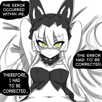 1girl absurdres animal_ears armpits arms_behind_head azur_lane black_camisole black_choker breasts camisole choker english_text frilled_choker frills greyscale highres looking_at_viewer monochrome navel nomad_sirens observer_alpha_(azur_lane) scene_reference siren_(azur_lane) small_breasts speech_bubble stomach yellow_eyes