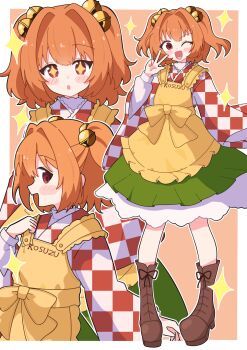 1girl apron bell boots brown_boots checkered_clothes checkered_kimono commentary_request commission frilled_apron frilled_skirt frills green_skirt hair_bell hair_ornament highres japanese_clothes jingle_bell kimono long_sleeves masakamea medium_hair motoori_kosuzu multiple_views orange_hair red_eyes red_kimono skeb_commission skirt sparkle sparkling_eyes touhou two_side_up white_kimono wide_sleeves yellow_apron