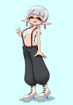1girl arm_at_side blue_background boots breasts brown_boots chain chain_earrings commentary_request covered_erect_nipples full_body groin high_heel_boots high_heels highres inkling koharu2.5 long_hair long_pointy_ears looking_at_viewer marie_(splatoon) mole mole_on_cheek navel nintendo pants pants_tucked_in pointy_ears red_pupils small_breasts smile solo splatoon_(series) standing star-shaped_pupils star_(symbol) strap_lift suspender_pants symbol-shaped_pupils tan tanline tentacle_hair topless_female yellow_eyes