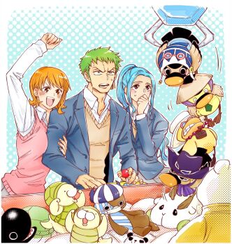 Rule 34 | 1boy, 2girls, aqua hair, arm up, bepo (one piece), blush, chabo (niwatori bosori), commentary request, earrings, green hair, highres, jewelry, karoo (one piece), kumacy, kung fu dugong, laboon, multiple girls, nami (one piece), nefertari vivi, one piece, orange hair, pink sweater vest, playing, ponytail, roronoa zoro, school uniform, short hair, sidelocks, stuffed toy, sweatdrop, sweater vest, v-shaped eyebrows