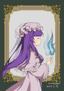 Rule 34 | 1girl, absurdres, artist name, blue bow, bow, commentary request, dated, dress, facing to the side, fire, frilled sleeves, frills, from side, green background, hair bow, hand up, hat, highres, long hair, long sleeves, mirror, mob cap, momoverflow, parted lips, patchouli knowledge, pink dress, pink hat, purple dress, purple hair, red bow, reflection, solo, striped clothes, striped dress, touhou, upper body, vertical-striped clothes, vertical-striped dress, wide sleeves