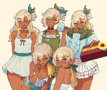 5girls apron bite_mark bite_mark_on_neck black_choker blonde_hair blue_sweater blush bow breasts choker cleavage commentary cup dark-skinned_female dark_skin dress drinking_glass earrings english_commentary fangs feet_out_of_frame flower frilled_skirt frills gift ginotty green_apron green_bow green_scarf green_shorts hair_between_eyes hair_ornament hairclip hand_on_own_face highres holding holding_cup holding_gift id-card jewelry leaf leaning_forward long_hair long_sleeves looking_at_viewer medium_breasts medium_dress micro_shorts mira_(ginotty) multiple_girls one_eye_closed open_mouth original ponytail scarf shirt shorts side_ponytail simple_background skirt smile spaghetti_strap star-shaped_pupils star_(symbol) sundress sunflower sweater symbol-shaped_pupils thighs tonue white_background white_choker white_dress white_flower white_shirt white_skirt white_sweater