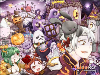 1other 3boys 3girls apple arrow_(projectile) black_hat blood blood_from_mouth blue_eyes blue_hair bow bra breasts brown_eyes brown_hair candle cleavage cloud commentary creature demon deviling deviruchi english_commentary eyepatch fire food fruit ghost green_hair green_shirt grey_hair grin hair_bow half_updo halloween hat heterochromia high_priest_(ragnarok_online) himitsu_(dark_nao) jack-o&#039;-lantern jakk_(ragnarok_online) long_hair lude_(ragnarok_online) marionette_(ragnarok_online) medical_eyepatch medium_breasts merchant_(ragnarok_online) moon multiple_boys multiple_girls myst_(ragnarok_online) novice_(ragnarok_online) open_mouth orange_moon outdoors ponytail pumpkin purple_hat purple_sky quiver quve_(ragnarok_online) ragnarok_online red_bow red_eyes shirt short_hair short_ponytail sky smile sniper_(ragnarok_online) thief_(ragnarok_online) top_hat triangular_headpiece twintails underwear upper_body white_bra white_shirt witch_hat