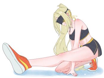 1girl absurdres alternate_costume ashimi_fugo black_shorts black_sports_bra blindfold_mask blonde_hair commentary_request covered_eyes hair_ornament highres long_hair mask midriff ponytail shoes shorts side_slit smile sneakers solo sports_bra stretching trigger_(zenless_zone_zero) twitter_username white_background zenless_zone_zero