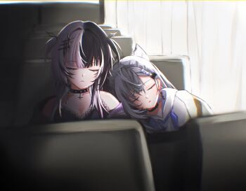 2girls absurdres black_choker black_collar black_hair black_shirt breasts bus_interior choker closed_eyes closed_mouth collar commentary cone_hair_bun cross grey_hair hair_between_eyes hair_bun hair_ornament highres hololive hololive_english hololive_indonesia hood hoodie inverted_cross lace lace-trimmed_shirt lace_trim leaning_on_person medium_breasts multicolored_hair multiple_girls off_shoulder parted_lips saltdcrmell shiori_novella shirt sleeping split-color_hair studded_collar symbol-only_commentary two-tone_hair two_side_up vestia_zeta virtual_youtuber white_hoodie wing_hair_ornament