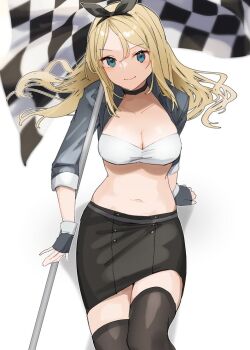 Rule 34 | 1girl, bandeau, black gloves, black skirt, black thighhighs, breasts, checkered flag, cropped jacket, fingerless gloves, flag, gloves, grey jacket, jacket, kantai collection, large breasts, midriff, mini person, minigirl, nelson (kancolle), nelson (race queen) (kancolle), official alternate costume, one-hour drawing challenge, race queen, skirt, solo, thighhighs, white bandeau, yamashichi (mtseven)
