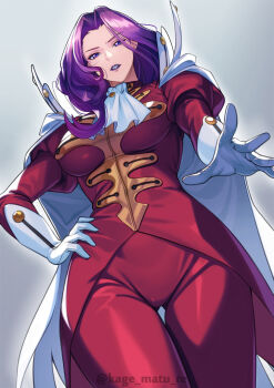 1girl absurdres breasts cape code_geass cornelia_li_britannia dutch_angle gloves hand_on_own_hip highres juliet_sleeves kagematsuri large_breasts lipstick long_hair long_sleeves looking_at_viewer looking_down makeup parted_lips puffy_sleeves purple_eyes purple_hair purple_lips simple_background solo standing thigh_gap white_cape white_gloves
