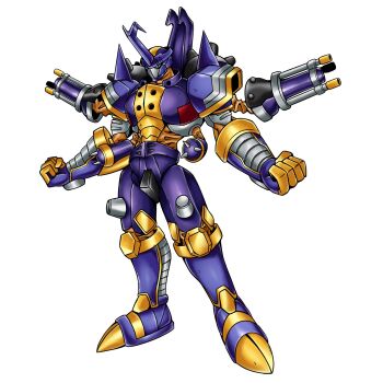 Rule 34 | 1boy, armor, blitzmon, blue armor, blue helmet, bolgmon, clenched hands, commentary, digimon, digimon (creature), english commentary, full body, fusion, green eyes, helmet, highres, jedigimon, male focus, shoulder cannon, simple background, solo, standing, white background