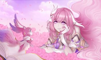 1girl blue_eyes book breasts commentary company_connection corset diamond-shaped_pupils diamond_(shape) elf elysia_(herrscher_of_human:_ego)_(honkai_impact) elysia_(honkai_impact) english_commentary falling_petals field flower flower_field gloves hair_ornament highres honkai:_star_rail honkai_(series) honkai_impact_3rd inoue_marina jjellybingus large_breasts long_hair lying mem_(honkai:_star_rail) multicolored_hair on_stomach open_book petals pink_hair pointy_ears purple_eyes purple_sky sky smile symbol-shaped_pupils tail teeth two-tone_hair very_long_hair voice_actor_connection white_corset white_gloves white_hair yanning