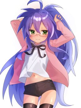 1girl :3 ahoge arms_up black_ribbon black_shorts black_thighhighs blue_hair blush cardigan closed_mouth commentary_request cowboy_shot glasses green_eyes gsa082rnw hand_in_own_hair high_ponytail highres izumi_konata long_hair lucky_star mole mole_under_eye navel neck_ribbon open_cardigan open_clothes pink_cardigan ponytail red-framed_eyewear ribbon semi-rimless_eyewear shirt short_shorts shorts simple_background smile solo thighhighs under-rim_eyewear very_long_hair white_background white_shirt