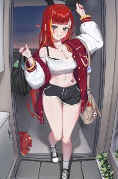 1girl absurdres akane_lize arm_up bag black_bra black_shoes black_shorts bra bra_visible_through_clothes breasts buttons camisole cleavage commentary copyright_name creature crop_top dolphin_shorts fingernails full_body grey_eyes grin hand_up hat heart heart_pendant highres holding holding_bag holding_unworn_clothes holding_unworn_hat jacket jewelry large_breasts long_hair long_sleeves looking_at_viewer midriff multicolored_hair nail_polish navel necklace night open_door open_mouth pienna_(akane_lize) red_hair red_jacket red_nails shoes short_shorts shorts shoulder_bag single_off_shoulder smile sneakers socks solo spaghetti_strap ssemu_(geeh8277) star_(sky) stellive stomach_tattoo straight_hair streaked_hair symbol-only_commentary tattoo underwear unworn_hat unworn_headwear very_long_hair virtual_youtuber walking white_camisole white_sleeves white_socks