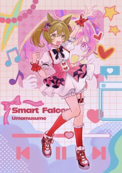1girl animal_ears argyle_bow arm_up arrow_(symbol) beamed_eighth_notes bloomers bow breasts brooch brown_eyes brown_hair character_name copyright_name eighth_note fast_forward_button frilled_cuffs frilled_sleeves frilled_socks frilled_thigh_strap frills hair_bow hair_ornament heart high-waist_skirt highres horse_ears horse_tail jewelry layered_skirt medium_hair multiple_hair_bows musical_note nekono_chigu open_mouth pause_button pink_skirt purple_bow red_socks short_twintails skirt smart_falcon_(love_4ever)_(umamusume) smart_falcon_(umamusume) smile socks solo star_(symbol) suspender_skirt suspenders tail thigh_strap twintails umamusume underwear user_interface wrist_cuffs