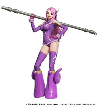 1girl 3d ass breasts copyright_name curvy gloves hand_on_own_hip highleg highleg_leotard holding holding_weapon hood hood_down hoodie huge_ass industrial_pipe jewelry jewelry_bonney jewelry_bonney_(egghead) large_breasts leotard lipstick long_hair looking_at_viewer makeup official_art one_piece one_piece:_pirate_warriors_4 piercing pink_hair purple_hoodie purple_leotard purple_thighhighs shiny_clothes shiny_skin smile solo thick_thighs thighhighs thighs weapon white_background wide_hips