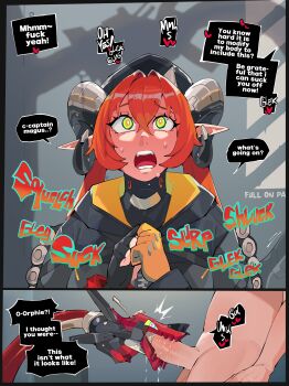 1boy 2girls absurdres black_hat blush breasts diforland dragon_girl dragon_horns english_text fellatio fingerless_gloves gloves green_eyes hair_between_eyes hat highres horns long_hair magus_(zenless_zone_zero) mechanical_horns mechanical_tail multiple_girls open_mouth oral orange_hair orange_pupils orphie_magnusson penis pointy_ears sentient_tail speech_bubble tail twintails yellow_gloves zenless_zone_zero