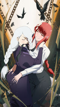 2girls absurdres apocalipsejack bird black_dress black_necktie black_pants braid braided_bangs braided_ponytail chain chainsaw_man crossover crow dress hair_over_face hair_over_one_eye highres jujutsu_kaisen long_hair long_sleeves makima_(chainsaw_man) mei_mei_(jujutsu_kaisen) multiple_girls necktie pants puffy_sleeves red_hair ringed_eyes tight_clothes tight_dress turtleneck turtleneck_dress yuri