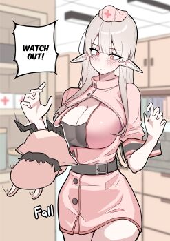 1girl absurdres belt belt_buckle black_belt blurry blurry_background blush breasts buckle cleavage cleavage_cutout closed_mouth clothing_cutout commentary cowboy_shot creature double-parted_bangs dress elf english_commentary english_text falling grey_hair hands_up hat highres indoors large_breasts long_hair looking_at_creature mirui09 nurse_cap original pink_dress pink_hat pointy_ears red_eyes short_sleeves solo speech_bubble talking