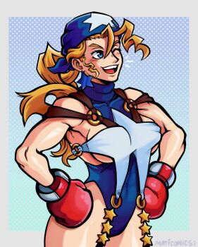 Rule 34 | 1girl, absurdres, artist name, blonde hair, blue eyes, boxing gloves, breasts, capcom, covered navel, drill hair, hands on own hips, highres, justice gakuen, large breasts, legs, leotard, long hair, one eye closed, open mouth, sideboob, smile, solo, thighs, tiffany lords, toned, underboob, wink