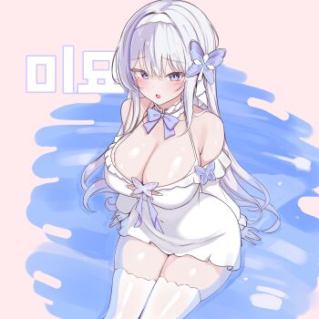 1girl blue_bow blue_eyes blush bow breasts butterfly_hair_ornament cleavage commentary_request cowboy_shot dress from_above hair_between_eyes hair_ornament highres indie_virtual_youtuber large_breasts long_hair long_sleeves looking_at_viewer mellochu open_mouth rapid17 sitting sitting_on_water solo thighhighs thighs translation_request virtual_youtuber water white_dress white_hair white_thighhighs