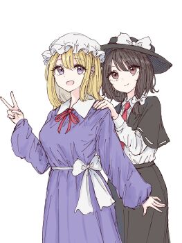 2girls :d black_capelet black_hat black_skirt blonde_hair bow breasts brown_eyes brown_hair capelet closed_mouth collared_dress collared_shirt contrast_collar dress dress_ribbon friends hair_between_eyes hair_bow hand_on_another&#039;s_shoulder happy hat hat_bow highres kashiwada_kiiho long_dress long_skirt long_sleeves looking_at_viewer maribel_hearn medium_hair mob_cap multiple_girls necktie open_mouth puffy_long_sleeves puffy_sleeves purple_dress purple_eyes red_eyes revision sash shirt shirt_tucked_in short_hair signature simple_background skirt sleeve_cuffs smile standing touhou usami_renko v white_background white_bow white_hat white_sash white_shirt