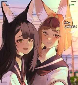 2girls :d absurdres animal_ear_fluff animal_ears black_sailor_collar blurry blurry_background blush bow brown_bow brown_eyes brown_hair commentary english_commentary english_text fangs fox_ears fox_girl green_eyes grin hair_bow hair_intakes highres kumaartsu long_hair looking_at_viewer medium_hair multiple_girls neckerchief open_mouth original red_neckerchief sailor_collar school_uniform selfie serafuku shirt smile upper_body viewfinder white_shirt