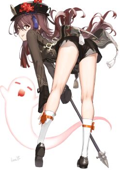 1girl absurdres ass bent_over black_hat black_shoes black_shorts brown_hair brown_shirt flower flower-shaped_pupils from_behind genshin_impact ghost hat hat_flower highres holding hu_tao_(genshin_impact) long_hair long_sleeves looking_at_viewer looking_back plum_blossoms polearm red_eyes shirt shoes short_shorts shorts simple_background smile socks solo standing star-shaped_pupils star_(symbol) symbol-shaped_pupils tailcoat tassel thighs tongue tongue_out twintails weapon white_background white_socks xkirara39x