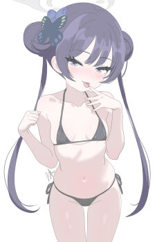 1girl absurdres bikini black_bikini black_hair blue_archive breasts butterfly_hair_ornament double_bun grey_eyes grey_halo hair_bun hair_ornament halo highres kisaki_(blue_archive) loli long_hair looking_at_viewer runarie side-tie_bikini_bottom simple_background small_breasts solo swimsuit thigh_gap tongue tongue_out twintails white_background