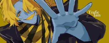 1boy black_jacket blonde_hair blue_skin colored_sclera colored_skin commentary_request facial_hair goatee_stubble hair_over_one_eye highres jacket looking_at_viewer male_focus nekoma_hikaru short_hair simple_background solo song_name striped_bandana stubble traffic_jam_(vocaloid) upper_body welter_(a_ka_shi) yellow_background yellow_eyes yellow_sclera