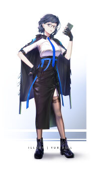 absurdres ahoge ankle_boots arknights armpit_cutout armpit_peek artist_self-insert belt belt_buckle belt_pouch black_gloves black_jacket black_skirt blue_belt blue_hair blue_necktie boots breasts buckle cellphone clothing_cutout collared_shrug commentary dark_blue_hair doctor_(arknights) female_doctor_(arknights) fingerless_gloves front_slit garter_straps glasses gloves hand_on_own_hip hand_up high-waist_skirt highres hood hood_down hooded_jacket jacket jacket_on_shoulders lace lace-trimmed_thighhighs lace_trim large_breasts leather leather_boots leather_skirt long_skirt looking_at_viewer multicolored_eyes necktie open_mouth original phone pouch shirt short_hair shrug_(clothing) skirt smartphone standing swept_bangs thighhighs white_shirt white_shrug yuriniel