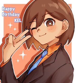 1boy ;) black_jacket blue_necktie border bright_pupils brown_eyes brown_hair character_name closed_mouth collared_shirt commentary dark-skinned_male dark_skin double-parted_bangs drop_shadow english_commentary formal_clothes hair_behind_ear hair_between_eyes hand_up happy_birthday highres imo_mo_0 jacket kel_(faraway)_(omori) kel_(omori) lapels layered_sleeves long_sleeves looking_at_viewer male_focus necktie official_alternate_costume omori one_eye_closed orange_background orange_shirt outline outside_border shirt short_hair simple_background smile solo sparkle upper_body v white_border white_outline white_pupils