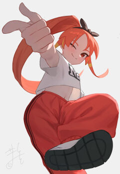 1girl commentary_request dutch_angle from_below gomashiwo_o gym_uniform hair_ribbon half-spread_pussy highres inazuma_eleven_(series) inazuma_eleven_victory_road multicolored_hair navel pants pointing ponytail red_eyes red_pants ribbon shinohara_raika shirt short_sleeves simple_background smile solo spread_pussy streaked_hair white_background
