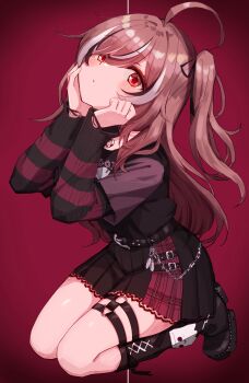 1girl absurdres ahoge belt wallet_chain black_leg_warmers black_shirt black_skirt black_sweater brown_hair choker emo_fashion feathers fingernails hair_over_one_eye hands_on_own_face heart heart_choker highres hololive hololive_english huge_ahoge leg_warmers long_hair looking_at_viewer looking_up multicolored_hair nanado_shion nanashi_mumei nanashi_mumei_(emo) o-ring o-ring_thigh_strap one_side_up open_mouth orange_eyes parted_lips plaid_clothes plaid_skirt platform_shoes pleated_skirt red_background red_sweater seiza shirt shirt_tucked_in sitting skirt streaked_hair striped_clothes striped_sweater sweater sweater_under_shirt t-shirt thigh_strap torn_clothes torn_sweater two-tone_sweater very_long_hair vignetting virtual_youtuber wavy_hair