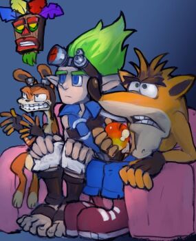 4boys aku_aku animal_ears barefoot black_gloves closed_mouth crash_bandicoot crash_bandicoot_(series) crossover dakusuta daxter fake_crash fingerless_gloves full_body gloves goggles goggles_on_head jak_(jak_and_daxter) jak_and_daxter multiple_boys pointy_ears sitting
