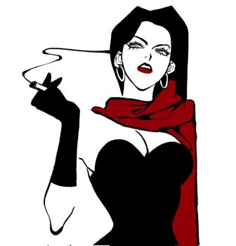 1girl battle_tendency black_hair breasts cigarette clamchowder55 cleavage commentary_request corrupted_twitter_file dress earrings elbow_gloves gloves holding holding_cigarette hoop_earrings jewelry jojo_no_kimyou_na_bouken korean_commentary large_breasts lipstick lisa_lisa long_hair looking_to_the_side makeup red_lips scarf smoke smoking solo spot_color strapless strapless_dress upper_body white_background