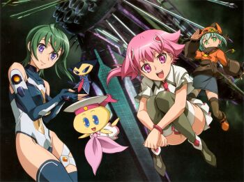 00s 1boy 3d 4girls ahoge animal_ears ankle_boots aqua_hair arm_up bare_shoulders binding_discoloration black_eyes black_hair blue_eyes blue_gloves blue_legwear body_blush boots bracelet breasts brown_legwear buttons cat_ears censored clenched_hands coat colored_skin convenient_censoring convenient_leg covered_erect_nipples covered_navel crossed_arms dress elbow_gloves facial_mark fake_animal_ears fingerless_gloves floating_hair flying gloves green_boots green_eyes green_hair grey_legwear groin hat helmet highleg highleg_leotard highres hip_bones holding hugging_own_legs jewelry kabashima_yousuke kannagi_itsuki kawai_honoka large_buttons leopard_(sorakake) leotard long_hair long_sleeves mecha medium_breasts miniskirt multiple_girls necktie no_panties official_art outstretched_arm pencil_skirt pink_eyes pink_hair pleated_skirt ponytail purple_eyes red_eyes robot salute scan school_uniform shirt shishidou_akiha shishidou_imoko short_hair short_sleeves sitting size_difference skirt sleeves_past_wrists smile soldier_ul sora_wo_kakeru_shoujo space standing thigh_strap thighhighs turtleneck yellow_skin zettai_ryouiki