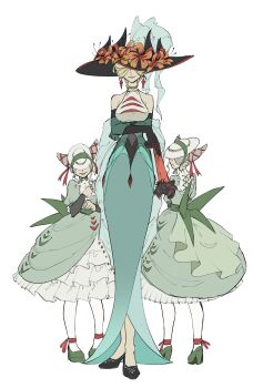 3girls bare_shoulders black_footwear black_gloves black_headwear blonde_hair breasts choker closed_mouth commentary_request covered_eyes dragapult dress earrings elbow_gloves flower folding_fan gen_8_pokemon gloves green_dress green_footwear grey_hair hand_fan hat hat_flower height_difference high_heels highres holding holding_fan jewelry layered_sleeves long_sleeves looking_back medium_breasts multiple_girls nintendo orange_flower pantyhose pokemon red_lips see-through_clothes see-through_shawl shawl short_hair short_over_long_sleeves short_sleeves simple_background smile standing torori_toro_(oimo_kenpi) white_background white_headwear white_pantyhose