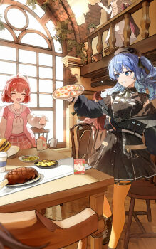 5girls absurdres ahoge apple_juice azki_(4th_costume)_(hololive) azki_(hololive) bandaid bandaid_hair_ornament belt beret black_belt black_choker black_dress blue_eyes blue_hair blue_jacket burger buttons cat_hair_ornament chair choker closed_mouth collarbone double-breasted dress drink_carton facing_another food grin hair_ornament hairclip hat head_out_of_frame highres holding holding_food holding_milk_carton holding_pizza holding_plate hololive hoshimachi_suisei hoshimachi_suisei_(casual) indoors jacket juice juice_box lace lace_choker letterman_jacket long_hair long_sleeves looking_at_another meat milk_carton multiple_girls neck_ribbon oeuia official_alternate_costume open_clothes open_jacket open_mouth orange_pantyhose out_of_frame pantyhose pink_jacket pizza plate quilted_clothes red_ribbon ribbon roboco-san roboco-san_(hoodie) sakura_miko sakura_miko_(school_uniform) school_uniform shirt short_hair side_ponytail sleeveless sleeveless_dress smile standing star_(symbol) star_in_eye symbol_in_eye table tearing_up thigh_strap tongue virtual_youtuber white_shirt white_sleeves window