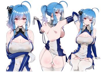 1girl absurdres ahoge diamond_cutout arm_under_breasts ass azur_lane back backboob bare_shoulders blue_hair blue_ribbon breasts cleavage clothing_cutout commentary_request cowboy_shot dress elbow_gloves garter_straps gloves hair_ribbon high_ponytail highres kuro_(toi_et_moi) large_breasts long_hair low-tied_long_hair multiple_views panties ponytail reference_sheet ribbon sidelocks sitting st._louis_(azur_lane) standing taut_clothes taut_dress textless_version tress_ribbon underboob_cutout underwear white_gloves white_panties