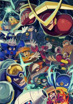 6+boys air_man arm_cannon blue_eyes boomerang borezet bubble_man clenched_teeth commentary_request covered_mouth crash_man fire flash_man gemini_man green_eyes hard_man heat_man looking_at_viewer magnet_man male_focus mega_man_(classic) mega_man_(series) mega_man_2 mega_man_3 metal_man multiple_boys needle_man no_humans no_mouth quick_man red_eyes shadow_man_(mega_man) smile snake_man spark_man sparks teeth top_man weapon wood_man