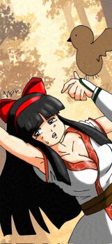 1990s_(style) 1girl ainu_clothes arm_up armpits artist_name black_eyes black_hair breasts cleavage fingerless_gloves gloves half-closed_eyes highres large_breasts long_hair mamahaha nakoruru open_mouth retro_artstyle samurai_spirits snk sweatdrop teeth the_king_of_fighters tongue very_long_hair
