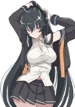 1girl absurdres black_hair black_jacket black_skirt breasts collared_shirt commentary_request cowboy_shot dress_shirt highres holding holding_own_hair jacket kantai_collection ken_(shutenndouji1) large_breasts long_hair neckerchief open_clothes open_jacket orange_neckerchief pleated_skirt ponytail red_eyes shirt simple_background skirt sleeveless sleeveless_shirt solo undon_neckerchief white_background white_shirt yahagi_(kancolle) yahagi_kai_ni_(kancolle)