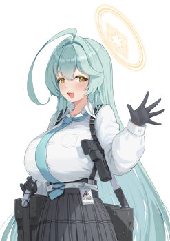 1girl absurdres abydos_high_school_logo ahoge bag blue_archive blue_hair breast_pocket breasts chest_harness collared_shirt commentary_request gloves gun halo handgun harness highres holster huge_ahoge huge_breasts id_card long_hair long_sleeves looking_at_viewer nabe-san necktie open_mouth pleated_skirt pocket shirt skirt smile solo tie_clip very_long_hair waving weapon yellow_eyes yume_(blue_archive)