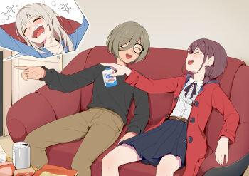 3girls absurdres anglediana beer_can black_shirt blue_skirt blue_sweater blush brown_hair brown_pants can chinese_commentary closed_eyes coat commentary_request couch drink_can drink_carton drooling drunk girls_band_cry grey_hair hair_between_eyes highres holding holding_can holding_milk_carton iseri_nina kawaragi_momoka long_hair long_hair_between_eyes low_twintails milk_carton multicolored_hair multiple_girls open_clothes open_coat open_mouth pants pleated_skirt pointing red_coat red_eyes roots_(hair) rupa_(girls_band_cry) shirt short_hair short_twintails skirt sweater twintails white_shirt