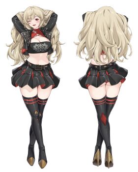 1girl ;d absurdres alternate_hairstyle black_jacket black_skirt black_thighhighs blonde_hair burnice_white commentary commission crop_top crossed_legs foxie30 front_and_back hair_down highres jacket long_hair long_sleeves looking_at_viewer midriff miniskirt multiple_views navel one_eye_closed open_clothes open_jacket open_mouth orange_eyes pleated_skirt simple_background skirt smile standing stomach strapless thighhighs thighs tube_top underbutt very_long_hair watson_cross white_background zenless_zone_zero