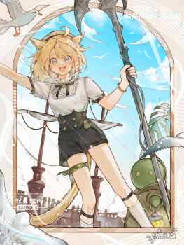 Rule 34 | 1girl, absurdres, ahoge, animal ears, bird, black shorts, blonde hair, blue eyes, bracelet, braid, cat ears, cat girl, cat tail, charm (object), chinese commentary, commentary request, commission, facial mark, final fantasy, final fantasy xiv, hat, high-waist shorts, highres, holding, holding weapon, jewelry, kneehighs, looking at viewer, lunay, miqo'te, mole, mole under eye, open mouth, outdoors, pigeon, sample watermark, shirt, shirt tucked in, short hair, short sleeves, shorts, side braid, single braid, socks, solo, tail, teeth, upper teeth only, warrior of light (ff14), watermark, weapon, whisker markings, white shirt, white socks