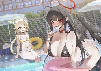 2girls absurdres bikini black_bikini black_hair blue_archive breasts cleavage commentary english_commentary halo hifumi_(blue_archive) highres innertube large_breasts long_hair micasa_tto multiple_girls outdoors peroro_(blue_archive) pool poolside red_eyes small_breasts swim_ring swimsuit tsurugi_(blue_archive) wings yellow_eyes